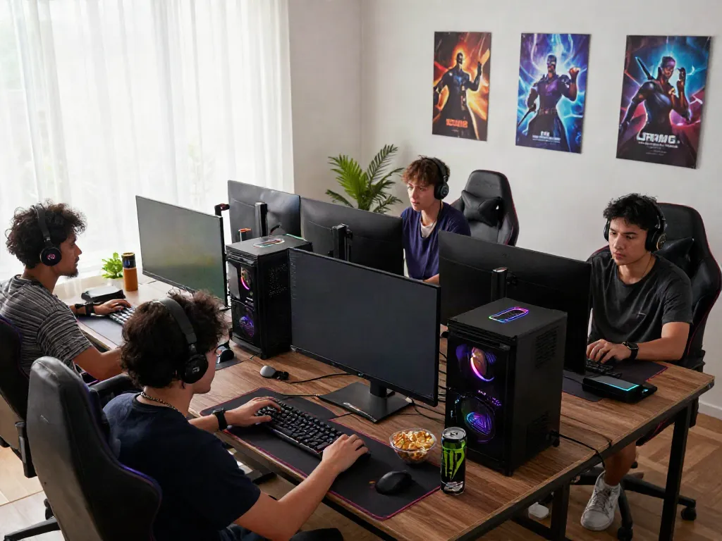Akunjp online gaming session with players engaged in competitive gameplay, RGB lighting, and energetic atmosphere.