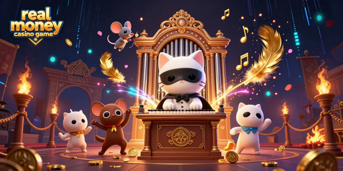 Engage in real money casino games with a captivating 3D scene showcasing animated characters, gold coins, and symbols.
