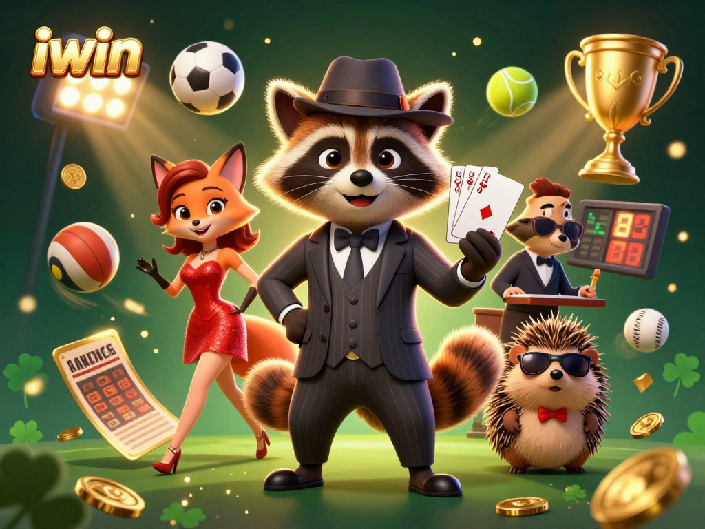 Experience dynamic betting with iwin as a suave raccoon, stylish fox, and bouncer amidst sports elements.