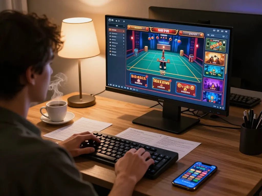 Player engaging with LGOGOAL online gaming platform in cozy home setting, showcasing strategy and focus.