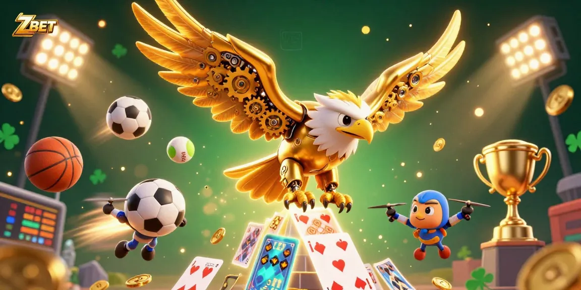 ZBET offers exhilarating sports betting action featuring dynamic 3D elements of golden eagles and vibrant sports balls.