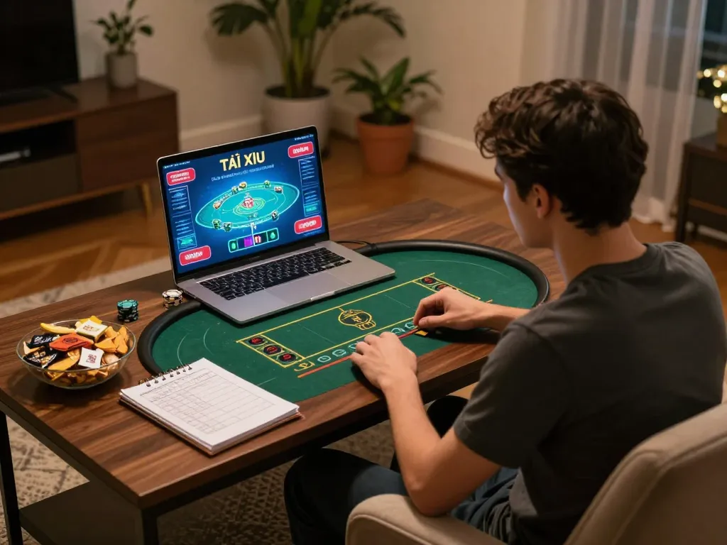 Tài xỉu online uy tín gameplay with live dealer on laptop, showcasing strategic betting at home