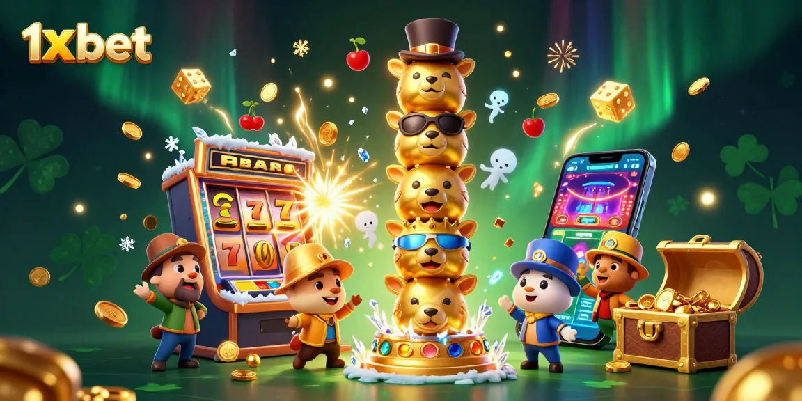 Experience the thrill of 1x bet with an engaging visual featuring a golden totem pole, jackpot slot machine, and vibrant casino elements.