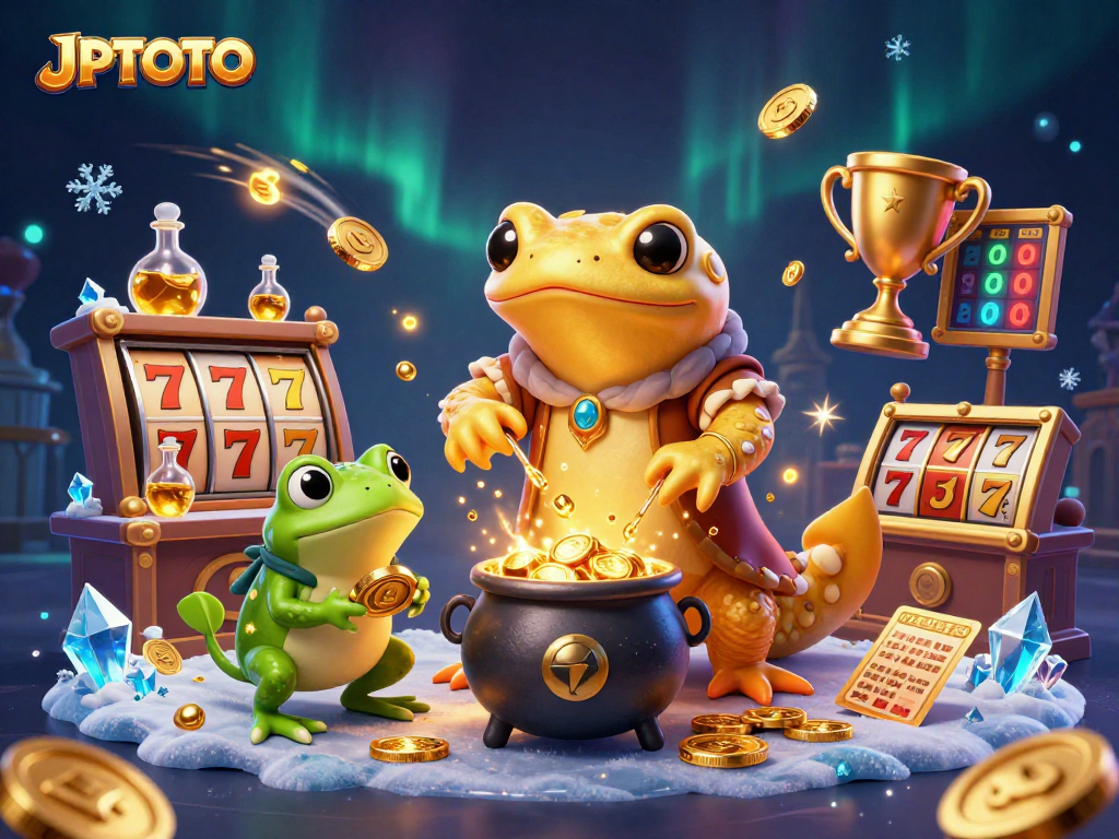 Experience gaming excitement at JPTOTO with colorful slot machines and gold coins in a vibrant casino scene.