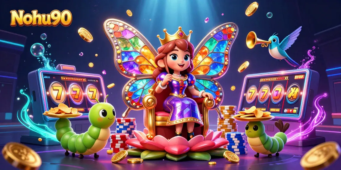 Nohu90 engages players with vibrant casino illustrations featuring butterfly characters, sparkling coins, and slot machines.