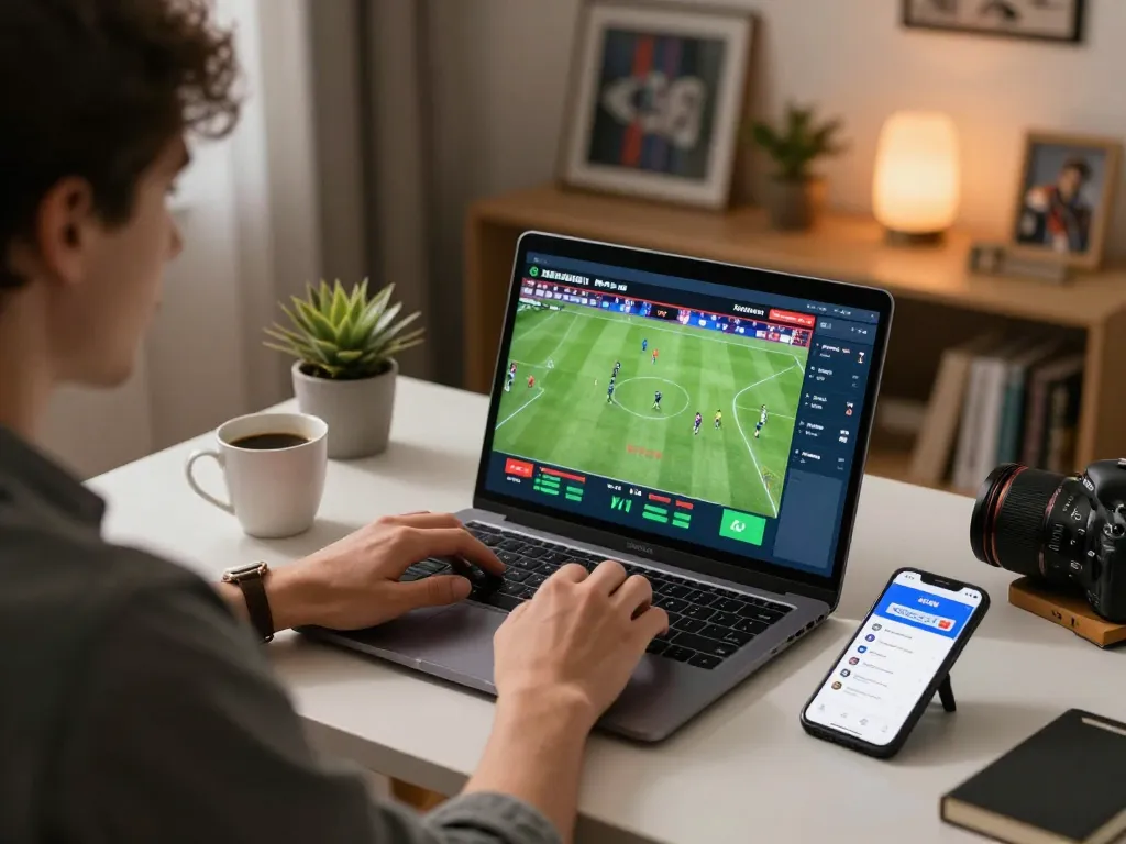 KP88 sports betting action on laptop in a cozy home office environment.
