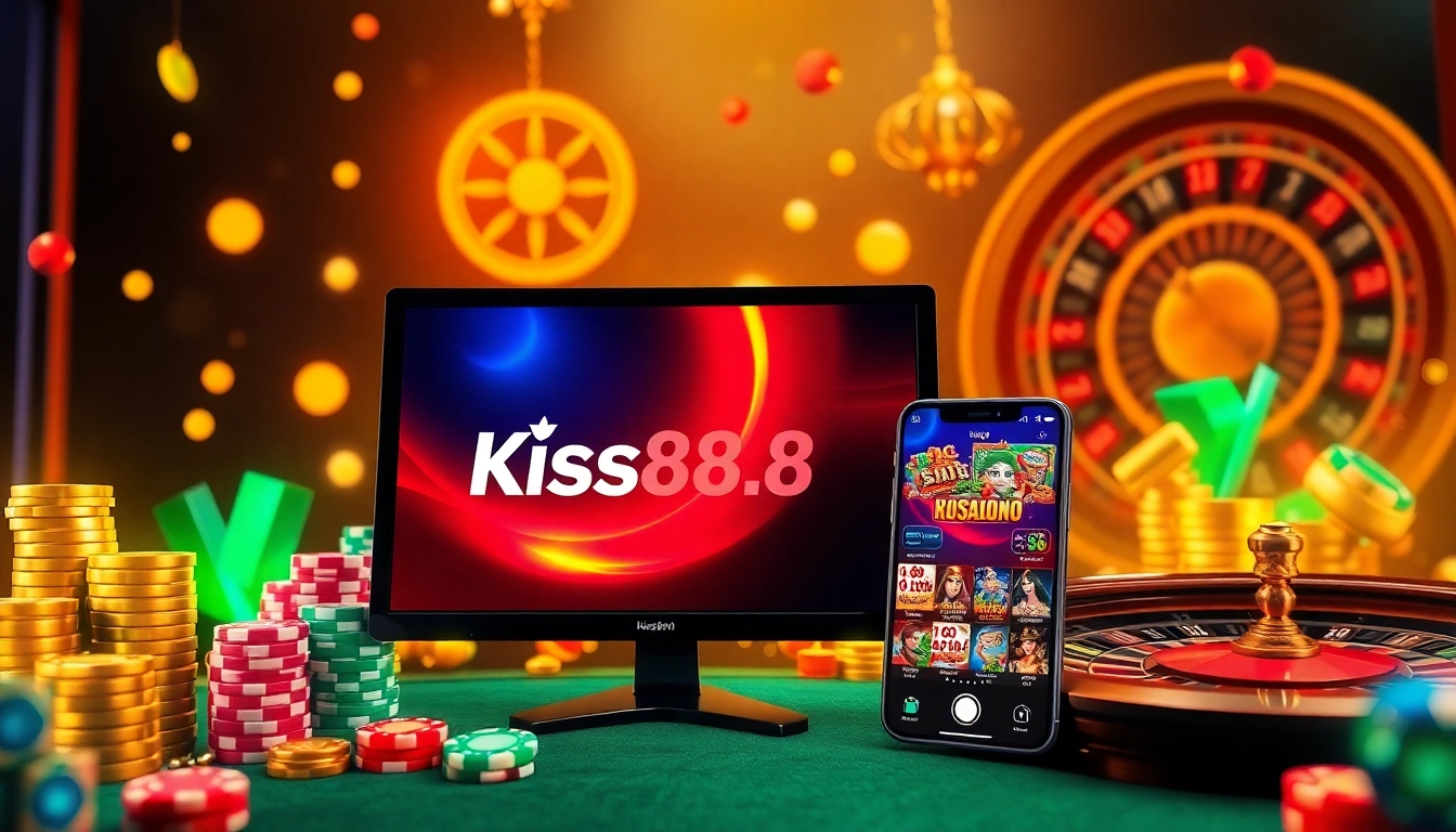Kiss888 players enjoying a thrilling online casino experience with vibrant poker chips and engaging games.
