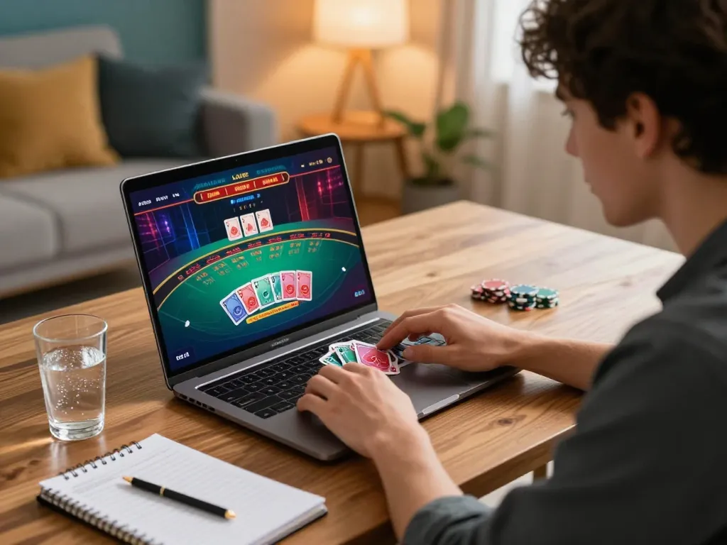 Engaged in an online blackjack game on 77WIN, showcasing strategic gameplay at home.