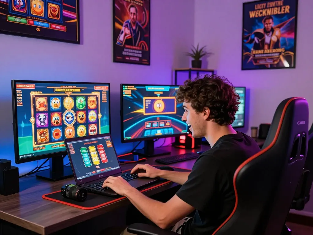 Exciting online gaming atmosphere at https://luckywin.free/ with colorful slot graphics and immersive gameplay.