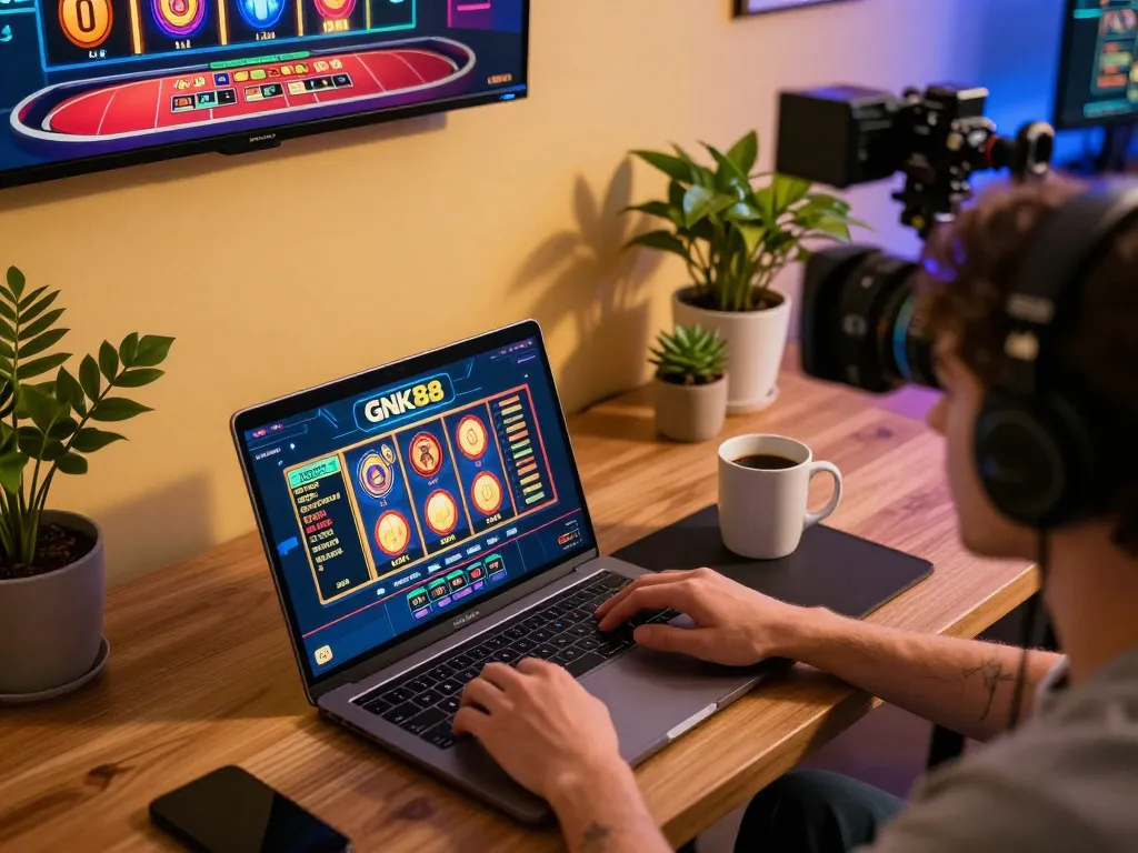 Engaging with gnk88 casino online, showing dynamic gameplay on a modern laptop in a cozy setup.