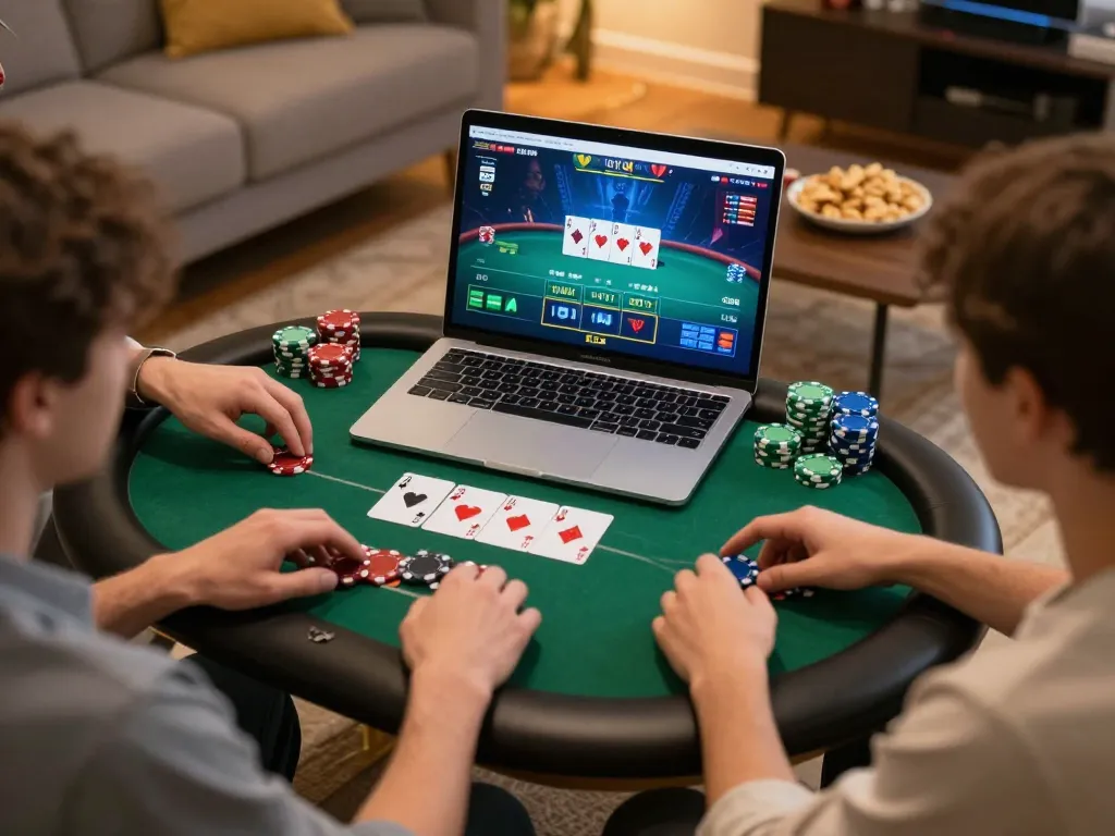 Twin68 players strategizing during an online poker session on a laptop, showcasing engaging game graphics.