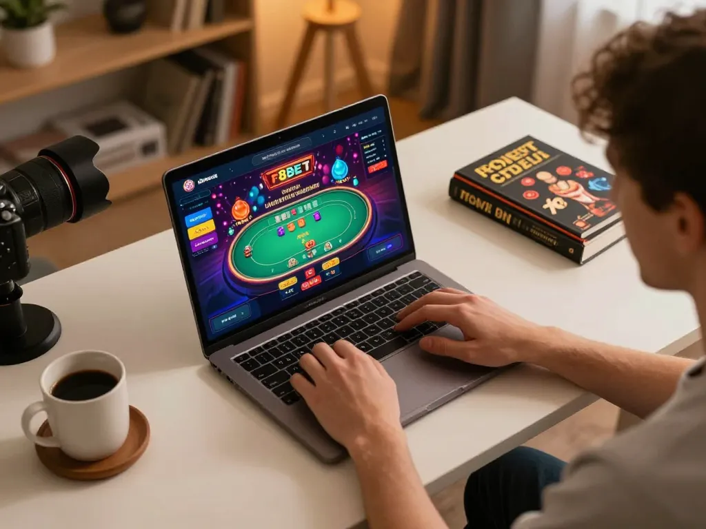 Person engaging with F8BET online casino app on laptop, showcasing a vibrant poker game interface.