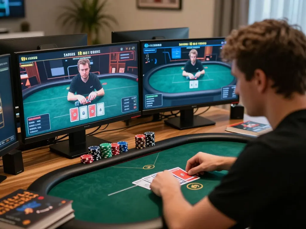 KADAL778 online poker gameplay with player focused on strategizing winning hands in a cozy gaming setup.