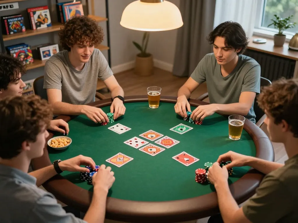 DASI4D malam permainan di rumah di mana teman-teman menikmati poker dengan chip berwarna-warni dan kartu komunitas.
