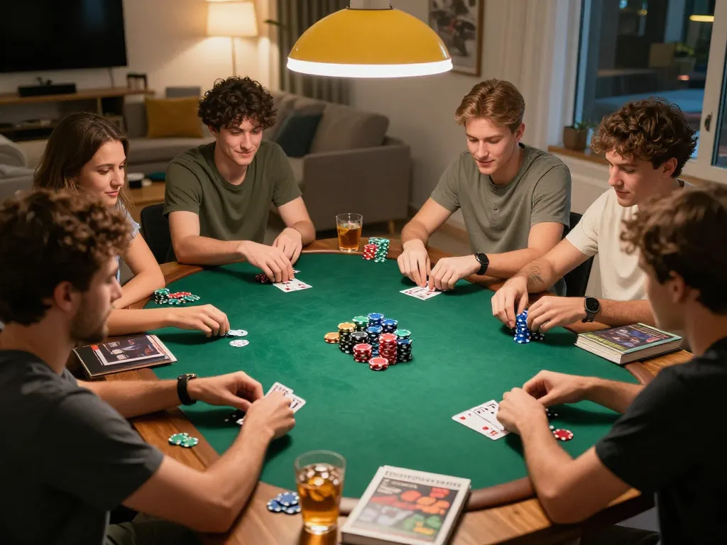 Friends enjoy a poker night at home, emphasizing the strategic excitement of taixiusunwin.art games.