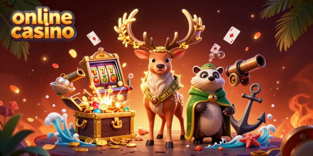 Experience the excitement of an online casino with vibrant characters and slot machines bursting with coins.