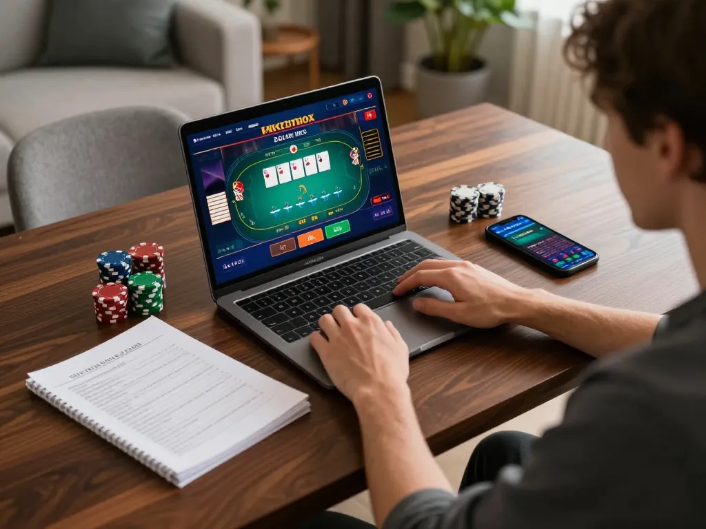 Cucu777 player engaging in strategic online poker at home, showcasing a modern gaming setup.