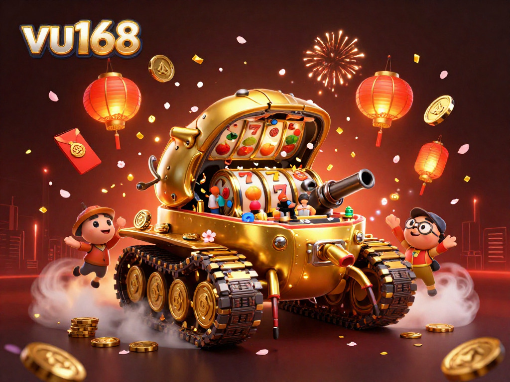 Join the thrilling action at vu168 with our 3D casino illustration showcasing a vibrant mini-casino inside a golden beetle tank.