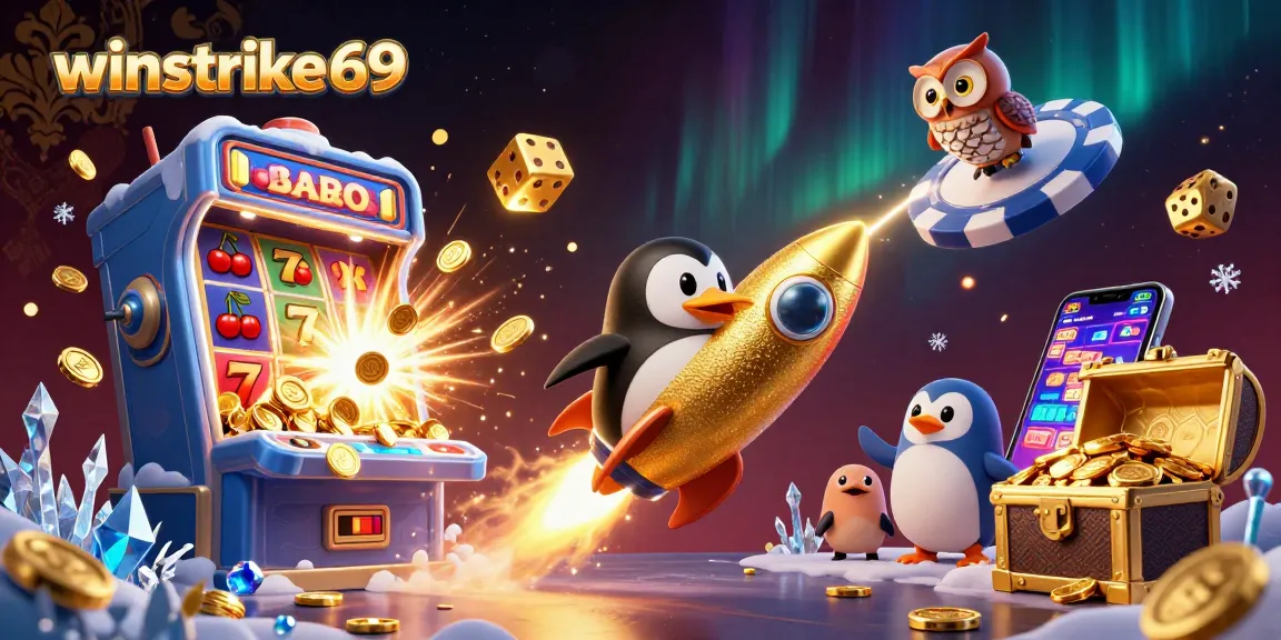 Experience the thrill of winstrike69 with a golden penguin racing to a casino station, bursting with dazzling game elements.