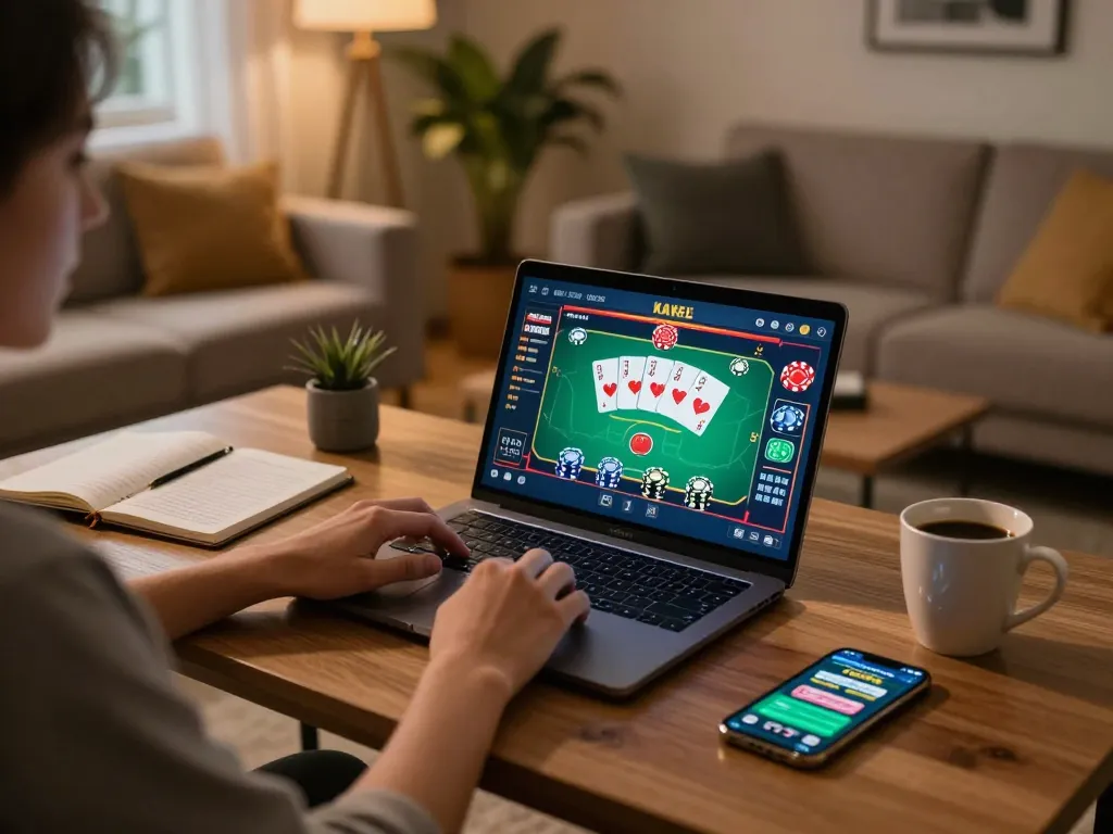Engaging in online poker gameplay on rikvip, showcasing a laptop with vibrant cards and strategic notes.