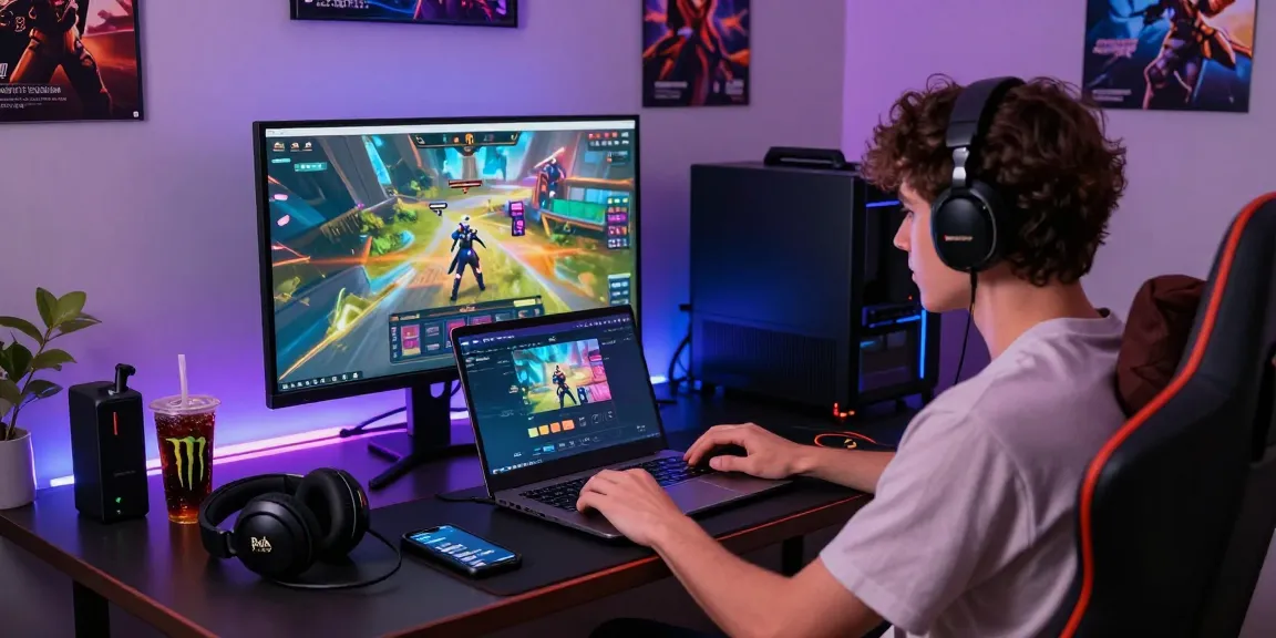Player logging into Raja Game on a laptop in a colorful gaming setup, showcasing vibrant graphics and gaming gear.