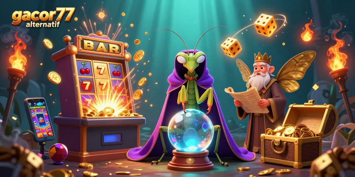 Permainan gacor77 alternatif dengan slot mesin 3D menampilkan jackpot koin meledak dan simbol keberuntungan.