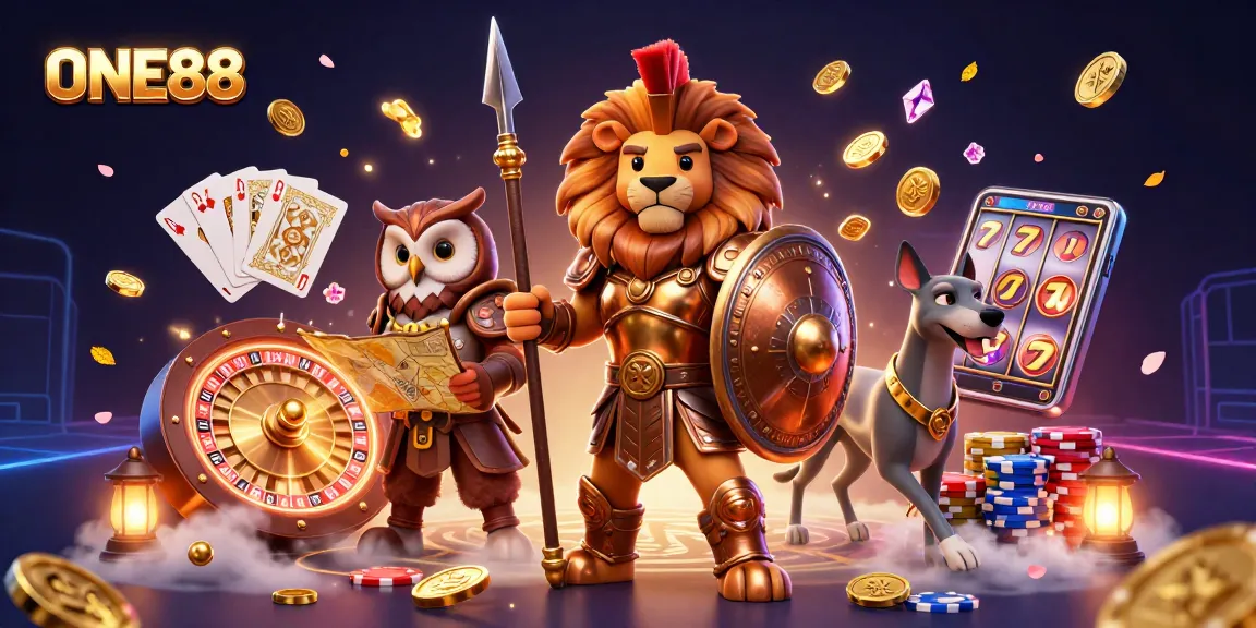 Engage in thrilling action with ONE88's vibrant 3D scene featuring gaming elements and dynamic characters.