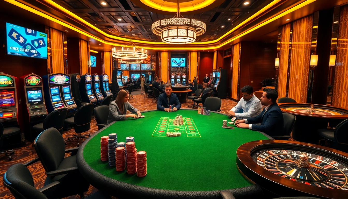 Exciting scene of players engaging at a Bay789 poker table in a luxury casino ambiance.