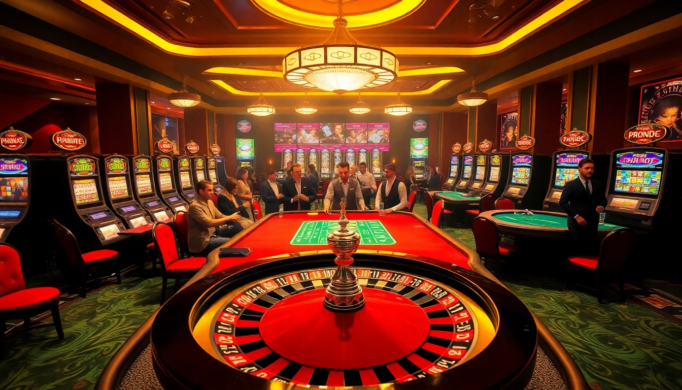 Exciting SHBET0 com casino scene with players at tables, bright slot machines, and a thrilling roulette wheel.