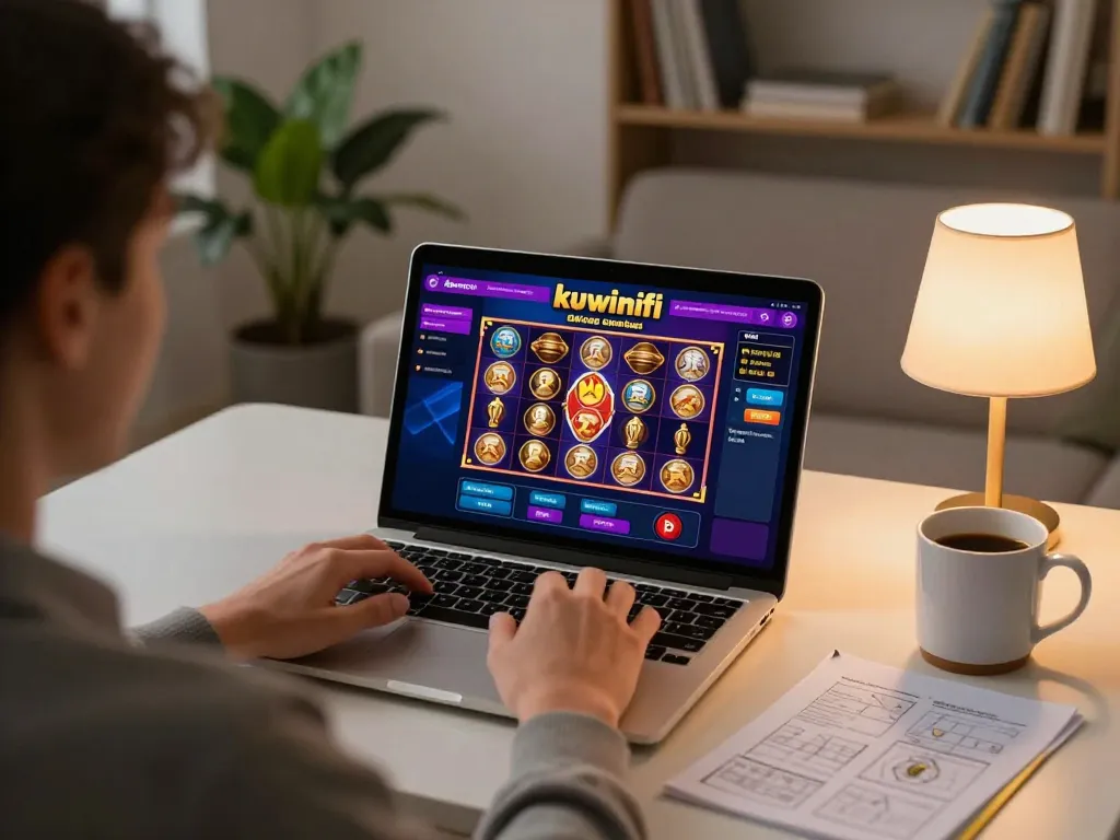 Engaging in exciting online slots gameplay on kuwinfi from a cozy home environment.