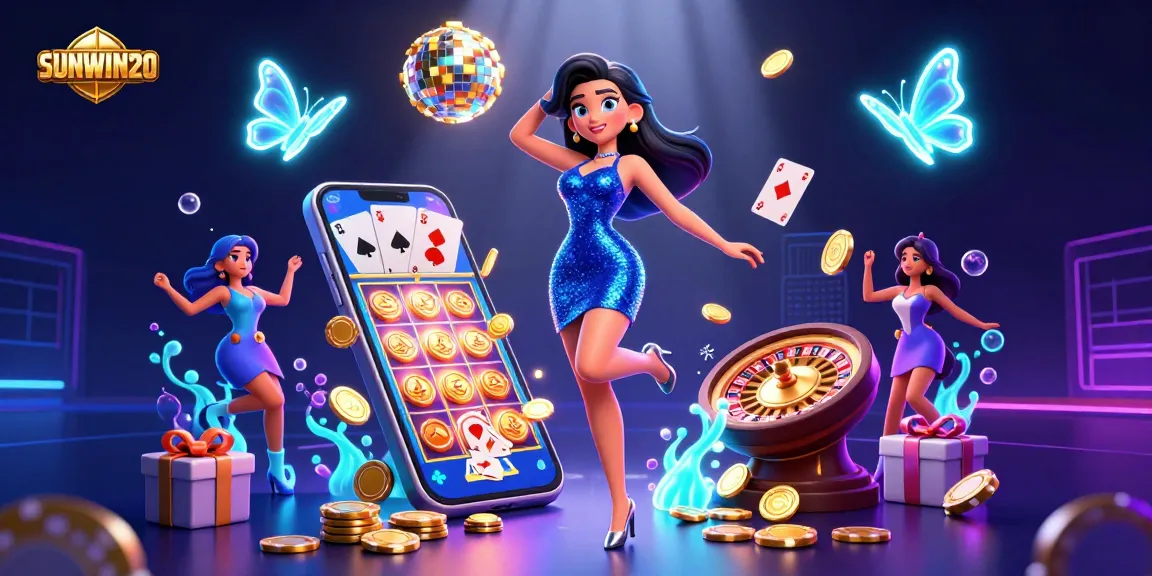 Savor the excitement at SUNWIN20 with vibrant slot gaming elements, golden coins, and engaging characters.