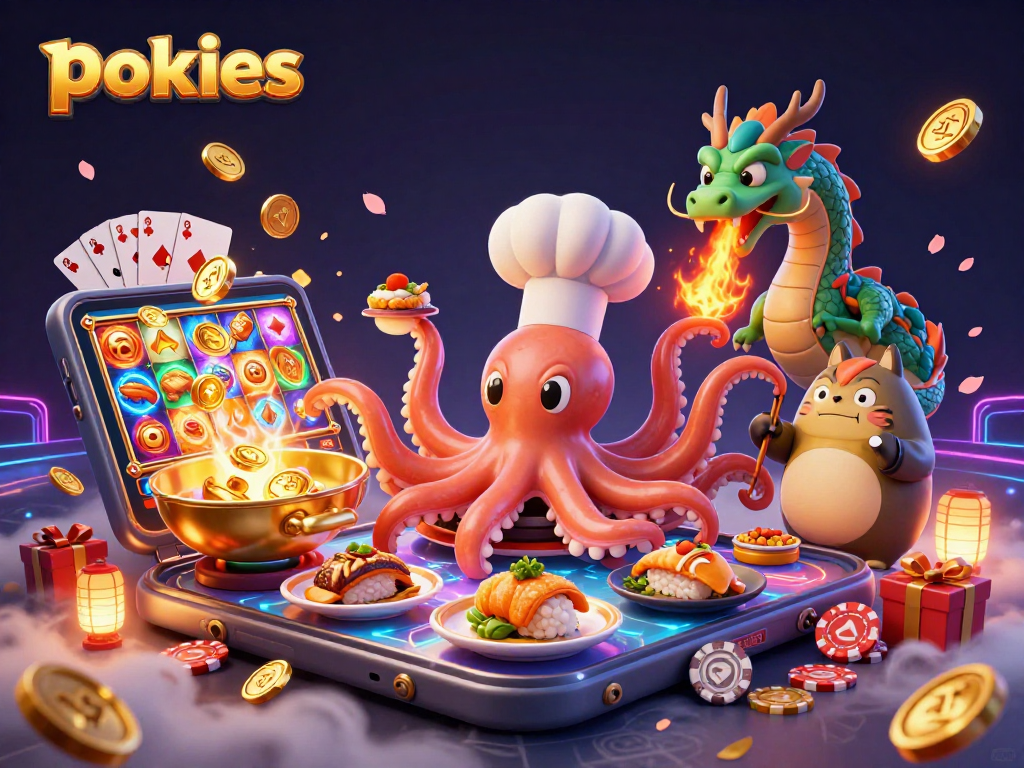 Experience pokies excitement with vibrant 3D characters and casino elements in playful illustration.