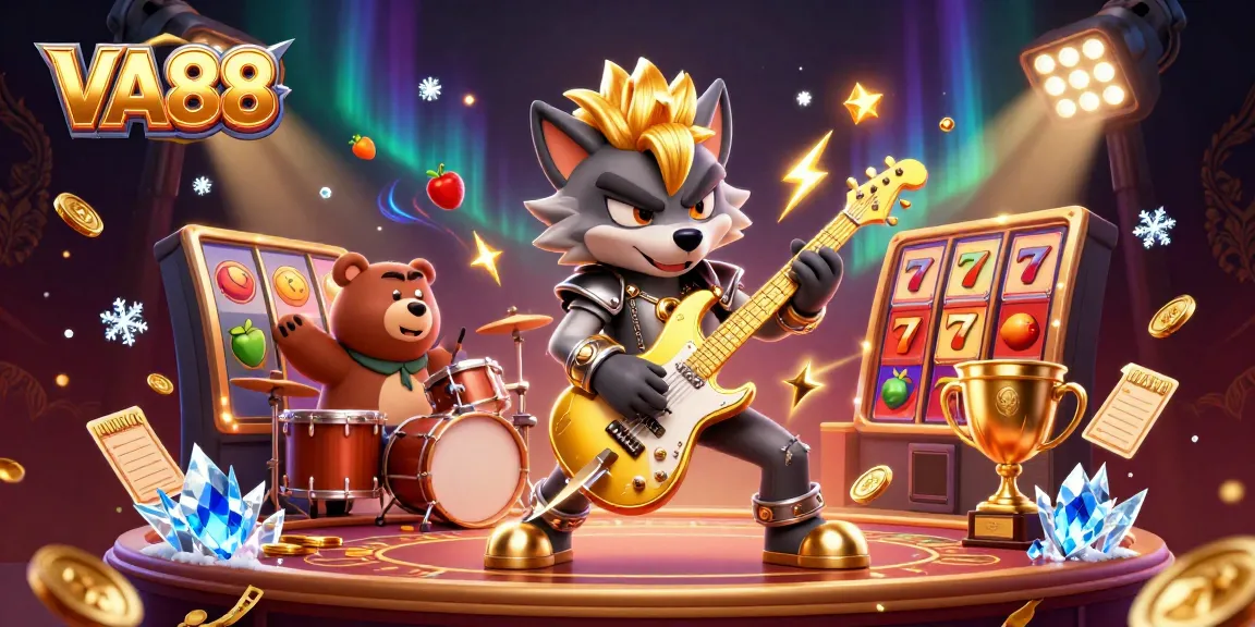 Engage in thrilling casino action with VA88, featuring a rock star wolf and vibrant gaming elements.