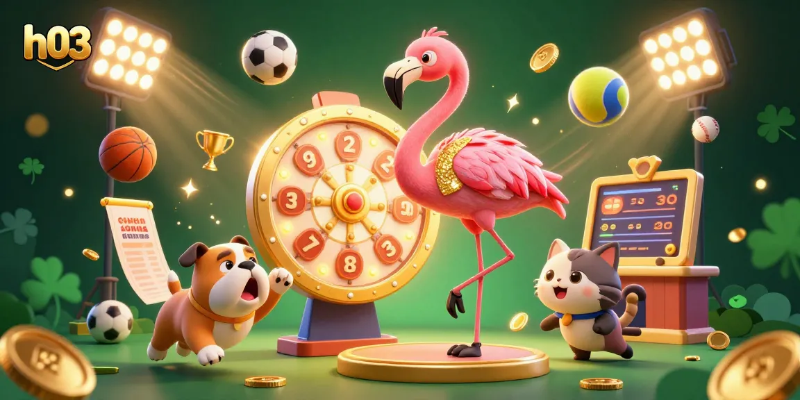 Rasakan permainan yang mendebarkan di h03 dengan adegan kartun yang hidup menampilkan tuan rumah flamingo, kontestan bulldog, dan asisten kucing dikelilingi oleh elemen taruhan olahraga yang dinamis.