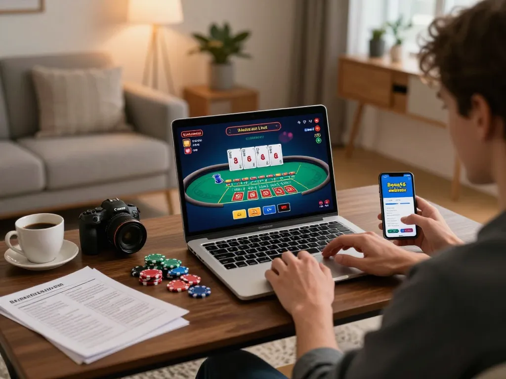 Bong88 live dealer gaming scene featuring a player engaged on a laptop with cards and chips.