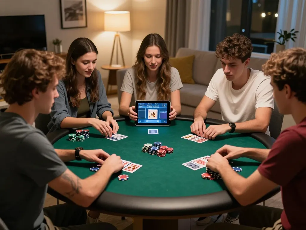 Friends enjoying a home poker night with U888 gaming on tablet, surrounded by chips and cards.