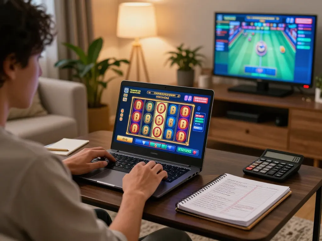 Player strategizing on NK88 com while enjoying a cozy online gaming setup with vibrant slot reels.