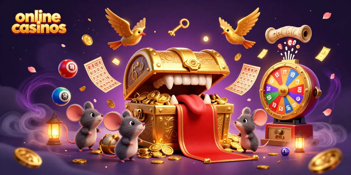 Engaging scene showcasing online casinos with a golden treasure chest and dynamic lottery elements.