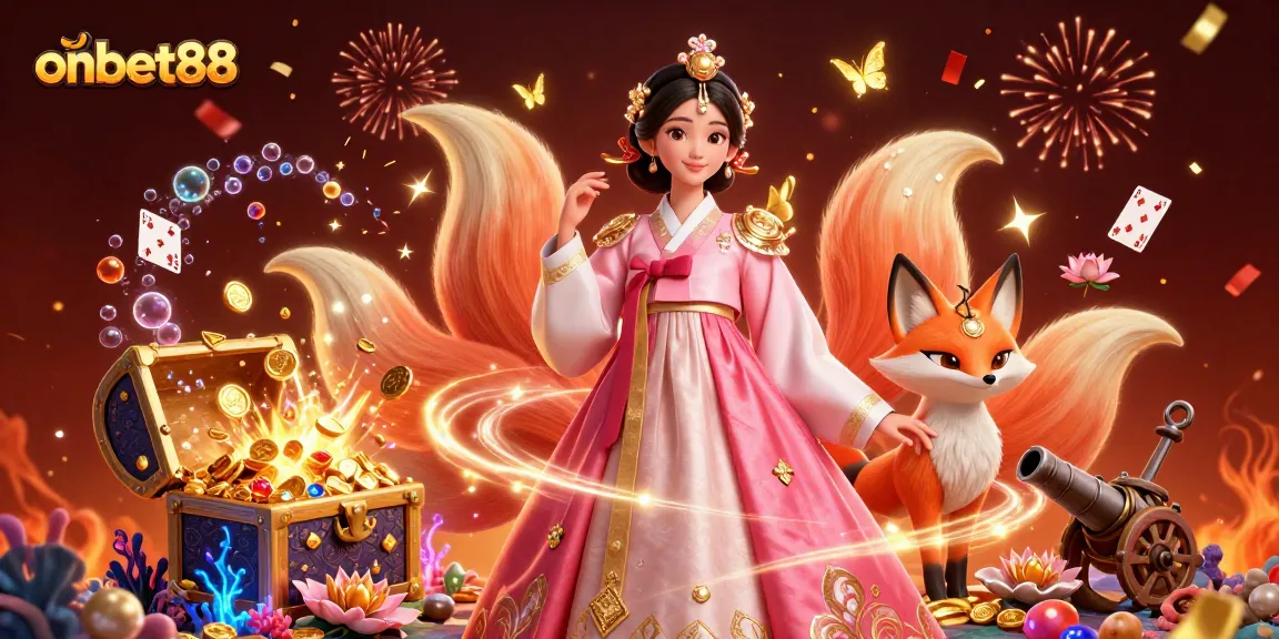Win big at onbet88 with vibrant casino-themed 3D illustration showcasing an Asian woman in ornate hanbok and lucky fox.