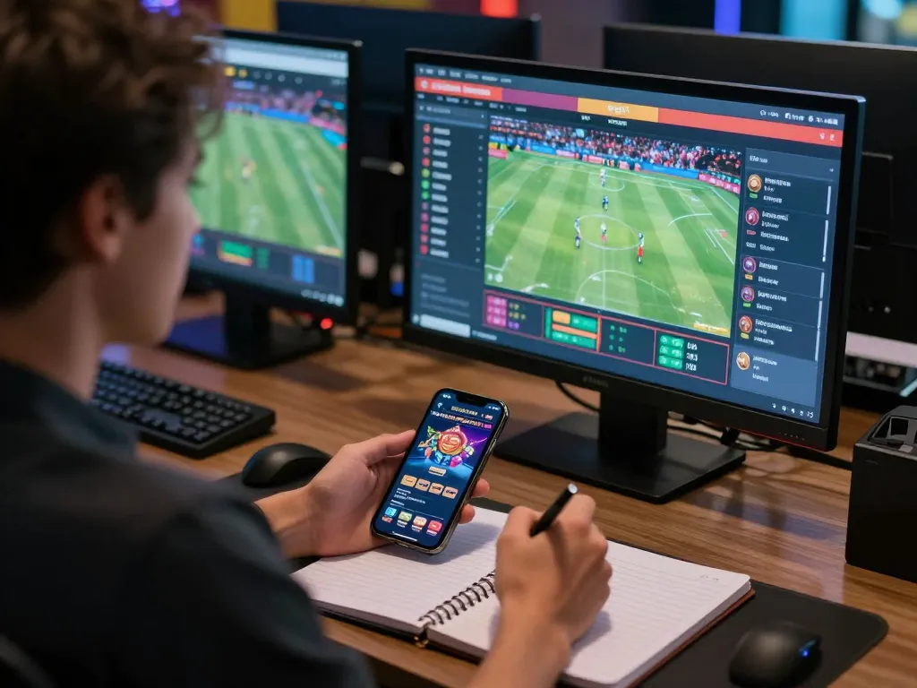 Engaged user analyzing bets on 99ok sports betting platform during live events.