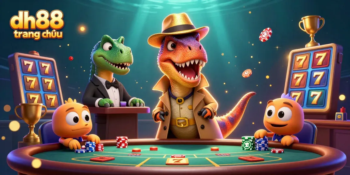 Experience thrilling action at dh88 trang chủ with dynamic gambling elements like slot symbols and lively characters.