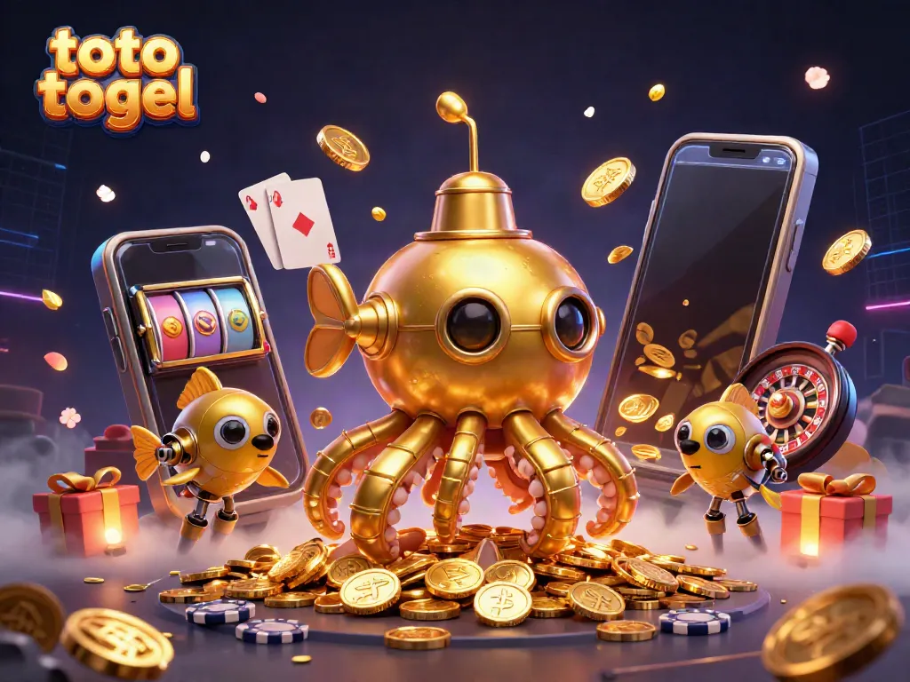 Engage with the thrilling world of toto togel featuring a golden kraken submarine and vibrant gaming elements.