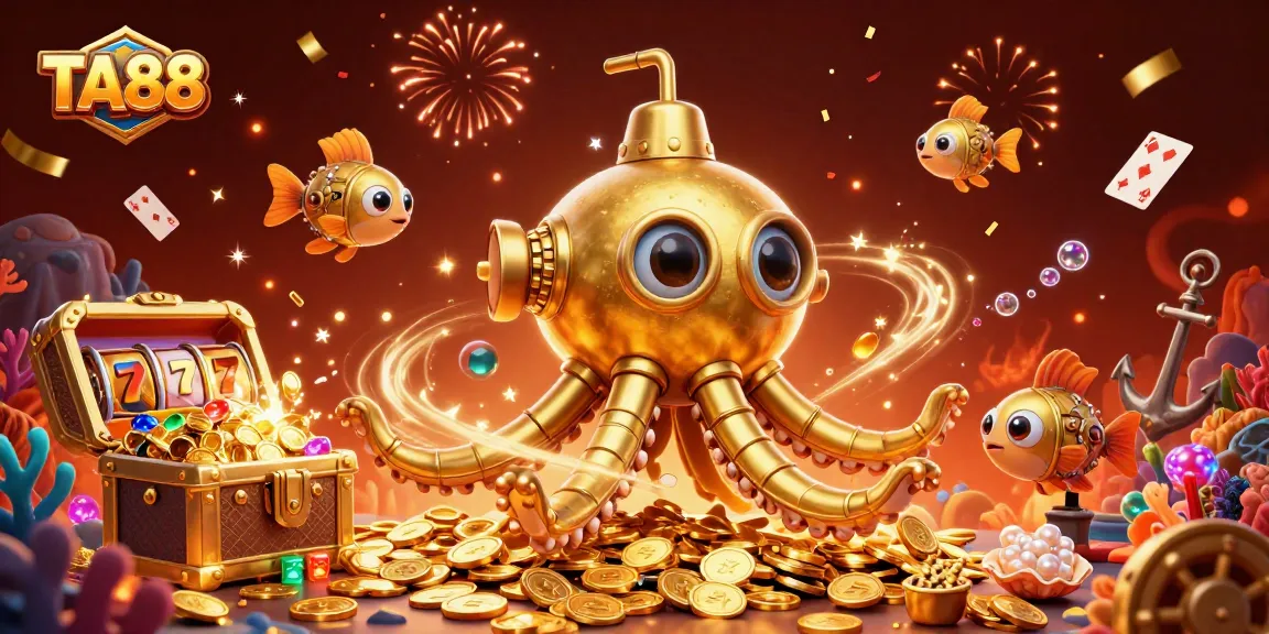 Experience thrilling TA88 slot actions with a golden kraken amidst treasure in a dynamic casino sea.