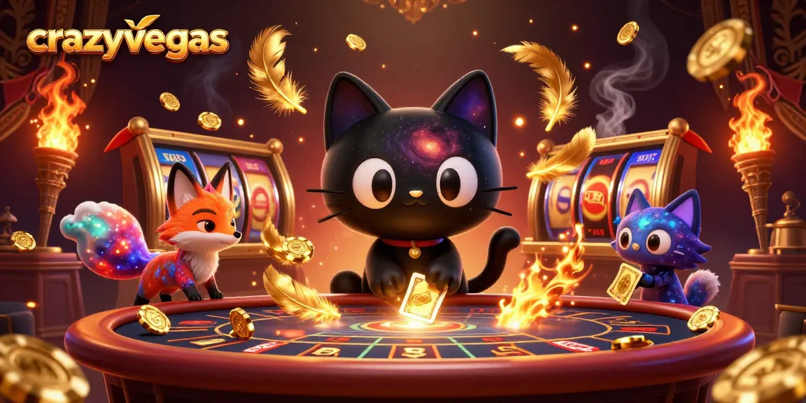 Win big at crazyvegas with a cosmic casino scene, showcasing a black hole cat and nebula fox.