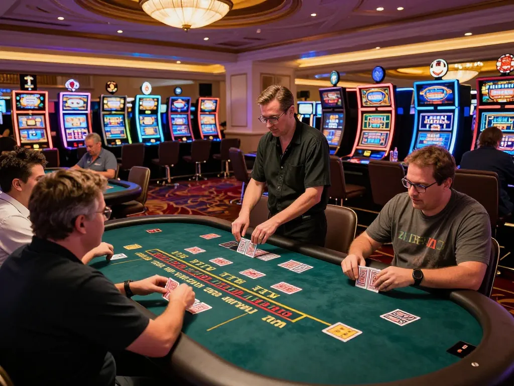Players betting at an HM88 blackjack table amidst a lively casino atmosphere.