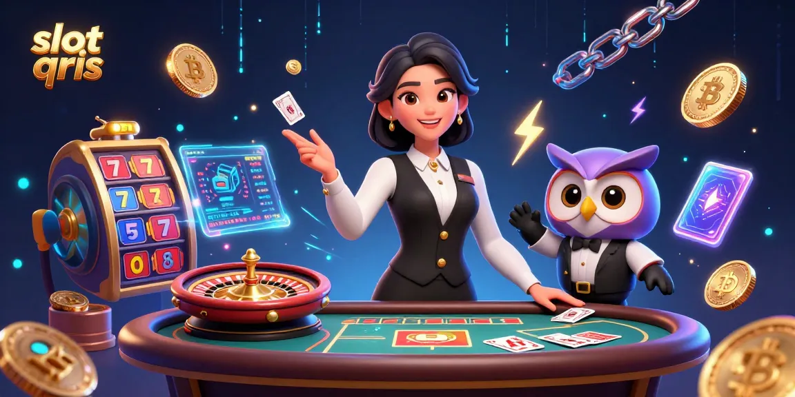 Experience thrilling slot qris action with a professional dealer and cartoon assistant in this vibrant casino illustration.