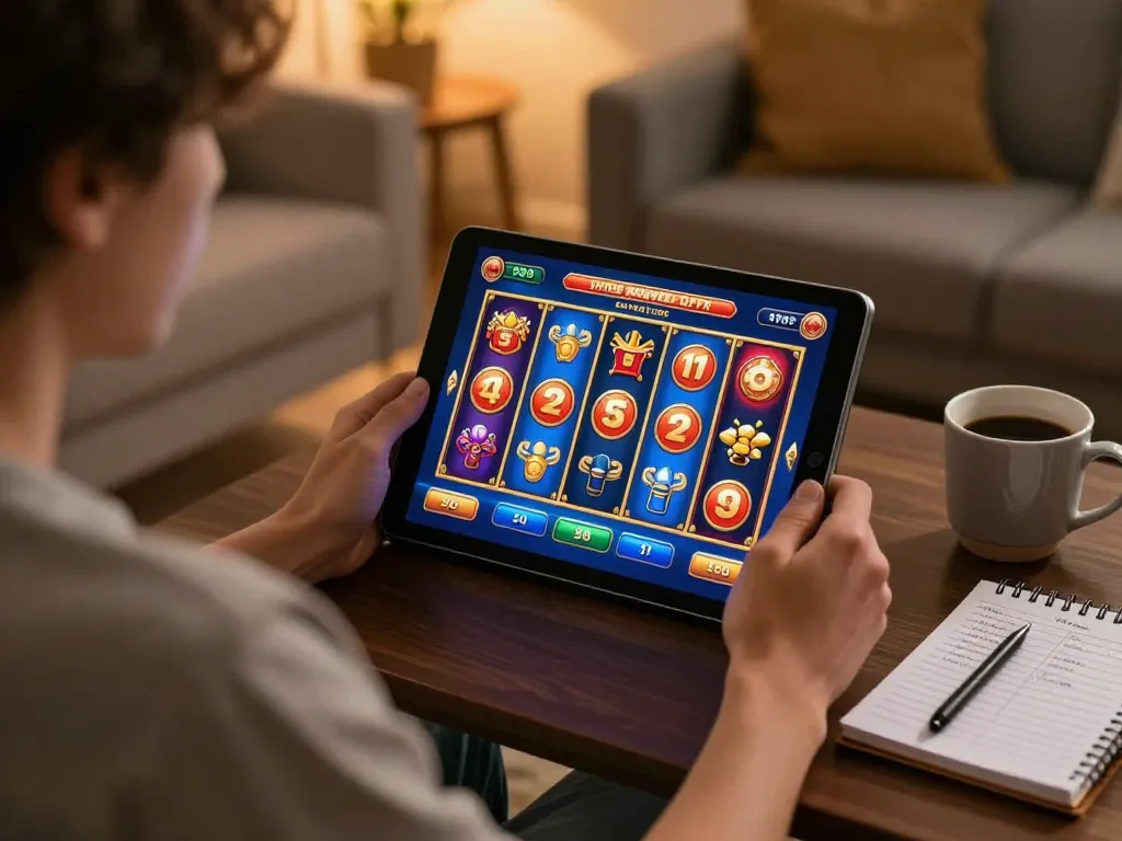 User playing online slot game on tablet, showcasing imcatherinemcgrath strategies for winning