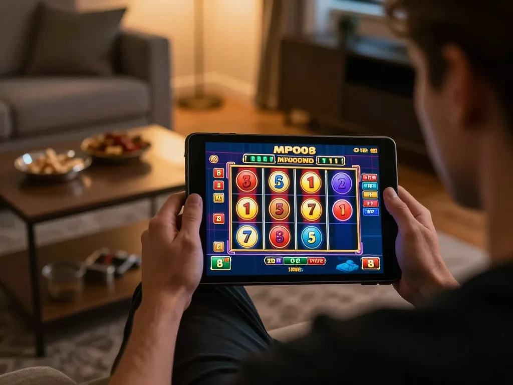 MPO08 player enjoying a vibrant slots game on tablet in cozy home setting