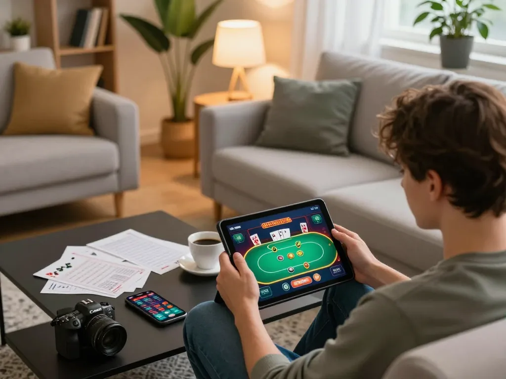 Engaging home scene of a player immersed in Canada online casinos on a tablet, enjoying a cozy atmosphere with strategy notes.