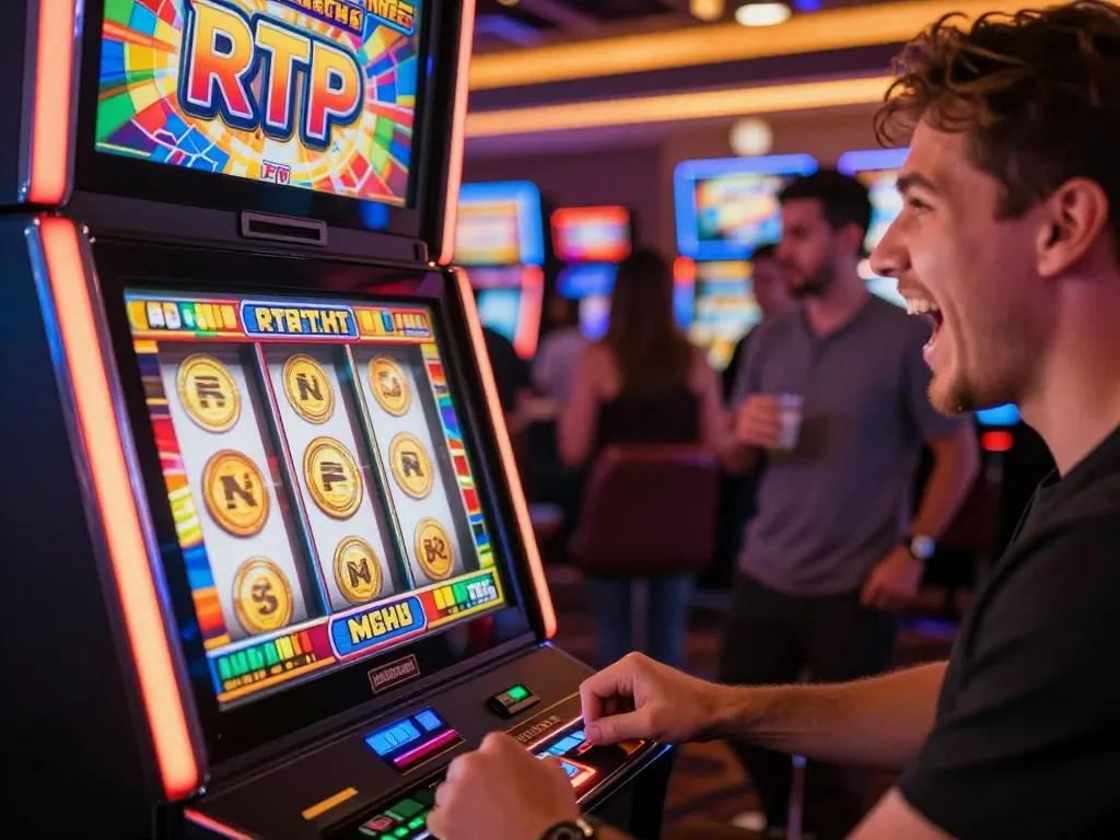 Player celebrating a win at RTP slot machine, excitement and coins overflowing.